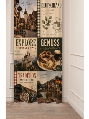 Greendecor Deutschland & Bavyera Manzaralı Nostaljik Tradition Mit Liebe & Almanya Temalı Collage Dijital Baskılı Fon Perde
