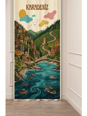 Greendecor Yeşil Karadeniz Esintili Retro Illüstrasyon Fon Perde - Yaylalar, Çay Bahçeleri & Sahil Motifli Estetik Dijital Baskılı Perde