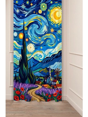 Greendecor Van Gogh Yıldızlı Gece Empresyonist Dokunuşlar Sanatsal ve Klasik Esinli Özel Tasarımlı Dijital Baskılı Fon Perde