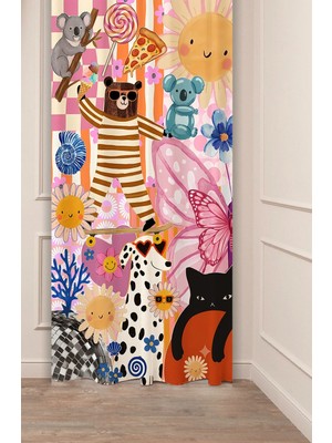 Greendecor Retro ve Eğlenceli Hayvan Figürlü Kolaj Pop-Art Collage Özel Tasarımlı Dijital Baskılı Fon Perde