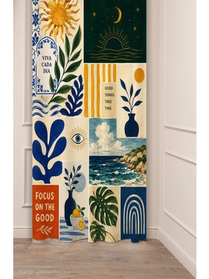 Greendecor Viva Cada Dia / Akdeniz Estetiği Kolajı Desenli Focus On The Good Collage Dijital Baskılı Fon Perde