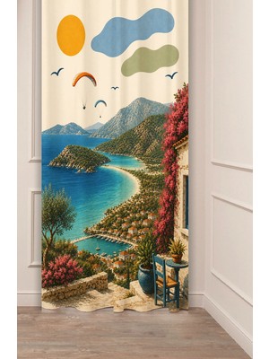 Greendecor Tatil Esintili Ölüdeniz Fethiye Temalı Retro Illüstrasyon Fon Perde - Yamaç Paraşütü, Ege-Akdeniz Koyu & Sahil Motifli Estetik Dijital Baskılı Perde
