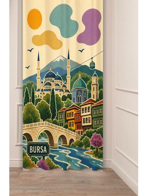 Greendecor Yeşil Bursa Esintili Tasarım Retro Illüstrasyon Fon Perde - Uludağ, Ulu Cami & Teleferik Motifli Estetik Dijital Baskılı Perde