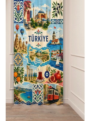 Greendecor Explore Turkey / Istanbul Kapadokya Deniz Manzaralı Collage Dijital Baskılı Fon Perde