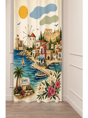 Greendecor Izmir Çeşme Foça & Efes Temalı Retro Illüstrasyon Fon Perde - Ege Kasabaları & Tarihi Motifli Estetik Dijital Baskılı Perde