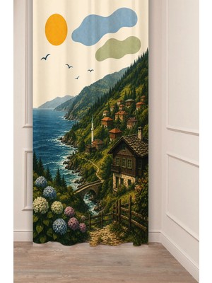 Greendecor Yeşil Karadeniz Esintili Retro Illüstrasyon Fon Perde - Yaylalar, Çay Bahçeleri & Sahil Motifli Estetik Dijital Baskılı Perde