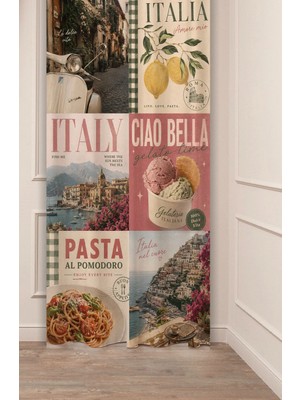 Greendecor Italia Amore Mio / Amalfi ve Vespa Temalı Ciao Bella Italyan Konseptli Vintage Kolaj Toskana Manzaralı Collage Desenli Dijital Baskılı Fon Perde
