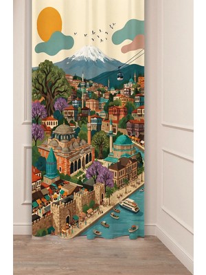Greendecor Yeşil Bursa Esintili Tasarım Retro Illüstrasyon Fon Perde - Uludağ, Ulu Cami & Teleferik Motifli Estetik Dijital Baskılı Perde