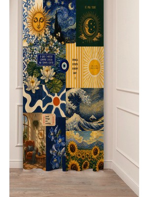 Greendecor Van Gogh "yıldızlı Gece" "ayçiçeği" Hokusa "büyük Dalga" Monet "nilüferler" Sanatsal Kolaj Art Collage Desenli Dijital Baskılı Fon Perde
