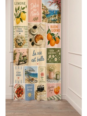 Greendecor La Vie Est Belle & Sunny Mood & Akdeniz Yazı Estetiği & Limon Konseptli Kolaj Dolce Far Niente Collage Desenli Dijital Baskılı Fon Perde