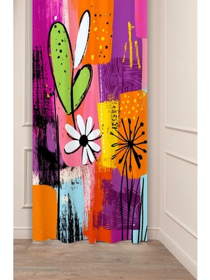Greendecor Retro Çiçekler ve Kalp Motifli Sanatsal Dijital Baskılı Fon Perde