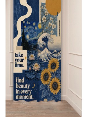 Greendecor Van Gogh "yıldızlı Gece" "ayçiçeği" Hokusa "büyük Dalga" Monet "nilüferler" Sanatsal Kolaj Art Collage Desenli Dijital Baskılı Fon Perde
