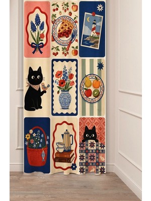 Greendecor Vintage Masal Dünyası Sevimli Kediler ve Doğa Cozy Konseptli Butik Vibes Collage Desenli Dijital Baskılı Fon Perde