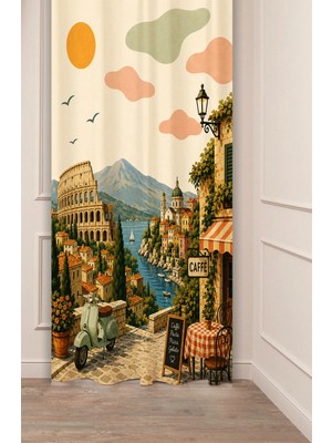 Greendecor Italia La Dolce Vita Italya Temalı Retro Illüstrasyon Fon Perde - Kolezyum & Akdeniz Sokakları Vespa ve Akdeniz Kasabası Motifli Dekoratif Estetik Dijital Baskılı Perde