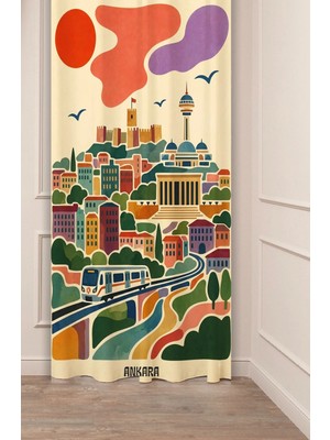 Greendecor Ankara Temalı Retro Illüstrasyon Fon Perde - Anıtkabir, Ankara Kalesi & Atakule Motifli Estetik Dijital Baskılı Perde