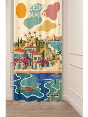Greendecor Ege Esintili Çeşme Alaçatı Konseptli Taş Evler ve Yel Değirmeni & Ege Sokakları Motifli Estetik Dijital Baskılı Fon Perde