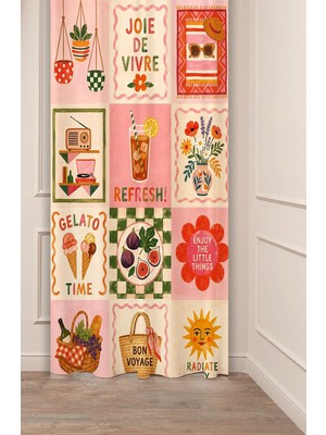 Greendecor Joie De Vivre / Gelato Time & Bon Voyage Pastel Renkli Retro Tasarım Collage Desenli Dijital Baskılı Fon Perde