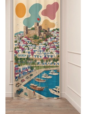 Greendecor Bodrum Muğla Temalı Retro Illüstrasyon Fon Perde - Bodrum Kalesi, Yel Değirmenleri & Ege Sokakları Beyaz Evler Motifli Estetik Dijital Baskılı Perde