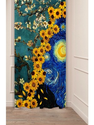 Greendecor Van Gogh Yıldızlı Gece, Ayçiçekleri ve Badem Çiçeği Sanatsal ve Klasik Esinli Özel Tasarımlı Dijital Baskılı Fon Perde