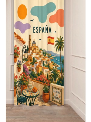 Greendecor España Konseptli Ispanya Temalı Retro Illüstrasyon Fon Perde - Akdeniz Sokakları & Paella Motifli Estetik Dijital Baskılı Perde