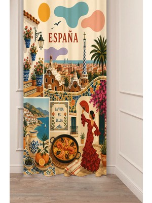 Greendecor España Konseptli Ispanya Temalı Retro Illüstrasyon Fon Perde - Akdeniz Sokakları & Paella Motifli Estetik Dijital Baskılı Perde