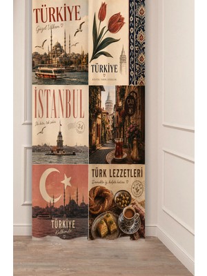 Greendecor Explore Turkey / Istanbul Manzaralı Lale Vintage Collage Dijital Baskılı Fon Perde