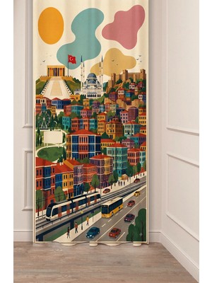Greendecor Ankara Temalı Retro Illüstrasyon Fon Perde - Anıtkabir, Ankara Kalesi & Atakule Motifli Estetik Dijital Baskılı Perde