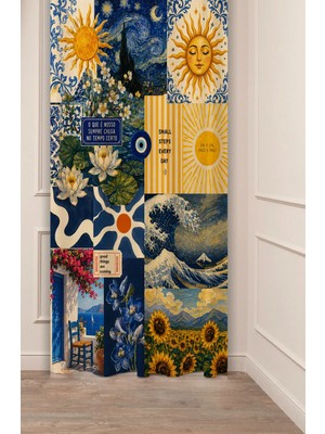 Greendecor Van Gogh "yıldızlı Gece" "ayçiçeği" Hokusa "büyük Dalga" Monet "nilüferler" Sanatsal Kolaj Art Collage Desenli Dijital Baskılı Fon Perde