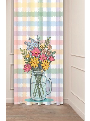 Greendecor Pastel Ekose Desenli Kır Çiçekleri Cozy Vibes Tarz Dijital Baskılı Fon Perde