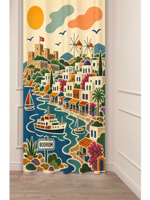 Greendecor Bodrum Muğla Temalı Retro Illüstrasyon Fon Perde - Bodrum Kalesi, Yel Değirmenleri & Ege Sokakları Beyaz Evler Motifli Estetik Dijital Baskılı Perde