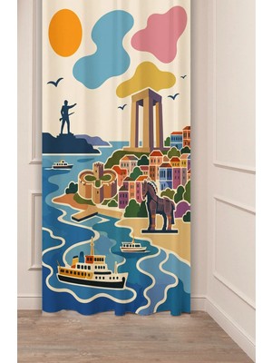 Greendecor Tarihi Çanakkale Esintili Tasarım Retro Illüstrasyon Fon Perde - Truva Atı, Şehitler Abidesi & Boğaz Motifli Estetik Dijital Baskılı Perde