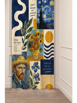 Greendecor Van Gogh "yıldızlı Gece" "ayçiçeği" Hokusa "büyük Dalga" Monet "nilüferler" Sanatsal Kolaj Art Collage Desenli Dijital Baskılı Fon Perde