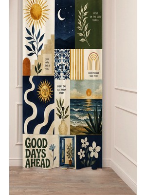 Greendecor Bohemian Sun & Coastal Vibes Collage Güneş, Deniz Illüstrasyon Kolajı Desenli Dijital Baskılı Fon Perde