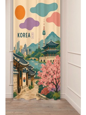 Greendecor Korea Güney Kore Konseptli Uzay Doğu Esintili Retro Illüstrasyon Fon Perde - Seoul Kulesi & Geleneksel Ev Motifli Estetik Dijital Baskılı Perde