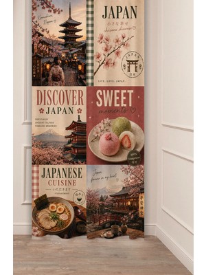 Greendecor Apan / Sakura Çiçekleri ve Uzakdoğu Esintili Chiisana Shiawase & Japonya Temalı Collage Dijital Baskılı Fon Perde