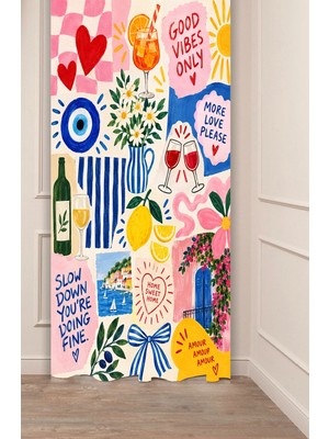 Greendecor Good Vibes & Pop-Art Pozitif Enerji Kolajı Modern Pop Collage Desenli Dijital Baskılı Fon Perde