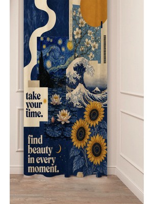 Greendecor Van Gogh "yıldızlı Gece" "ayçiçeği" Hokusa "büyük Dalga" Monet "nilüferler" Sanatsal Kolaj Art Collage Desenli Dijital Baskılı Fon Perde