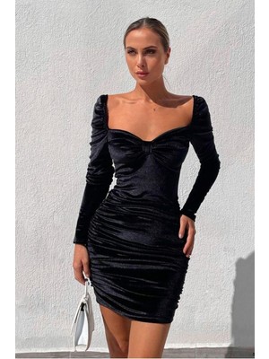 Defy Moda Kadın Şık Kadife Kumaş Kalp Yaka Büzgülü Abiye Elbise