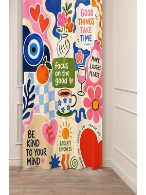 Greendecor Good Vibes & Pop-Art Pozitif Enerji Kolajı Modern Pop Collage Desenli Dijital Baskılı Fon Perde
