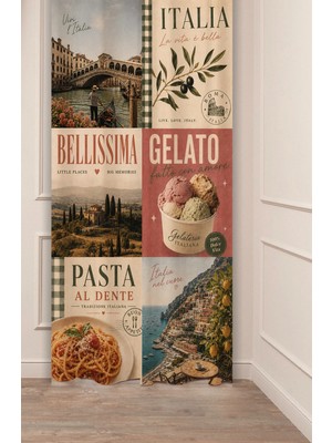 Greendecor La Vita È Bella / Italyan Konseptli Vintage Kolaj Bellissima Venedik ve Toskana Manzaralı Collage Desenli Dijital Baskılı Fon Perde