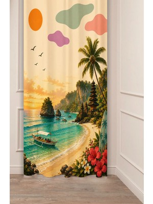 Greendecor Bali Tropik Ada Tropical Paradise Bali Tasarımlı Retro Illüstrasyon Fon Perde - Egzotik Plaj, Palmiye ve Tapınak Motifli Estetik Dijital Baskılı Perde