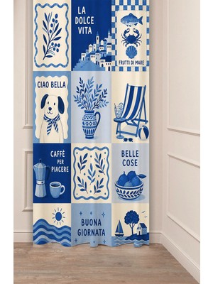 Greendecor Blue Coast & Italian Vibes Collage Ege / Akdeniz Estetiği Panel Mavi-Beyaz Illüstrasyon Kolajı Desenli Dijital Baskılı Fon Perde