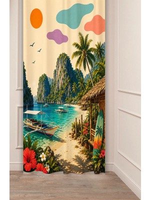 Greendecor Bali Deniz Tropikal Vintage Desenli Özel Tasarım Dijital Baskılı Fon Perde