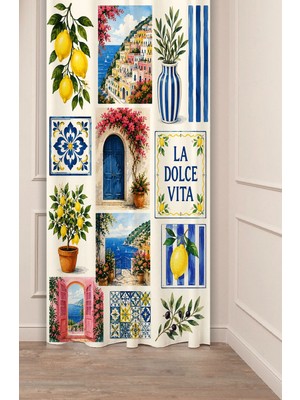 Greendecor La Dolce Vita & Akdeniz Günlükleri & Limon Konseptli Estetik Kolaj Collage Desenli Dijital Baskılı Fon Perde