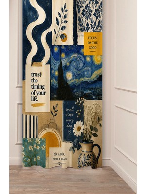 Greendecor Van Gogh "yıldızlı Gece" "ayçiçeği" Hokusa "büyük Dalga" Monet "nilüferler" Sanatsal Kolaj Art Collage Desenli Dijital Baskılı Fon Perde