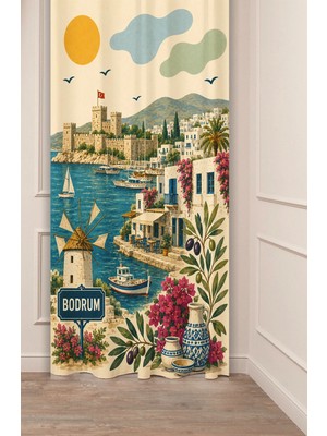Greendecor Bodrum Muğla Temalı Retro Illüstrasyon Fon Perde - Bodrum Kalesi, Yel Değirmenleri & Ege Sokakları Beyaz Evler Motifli Estetik Dijital Baskılı Perde