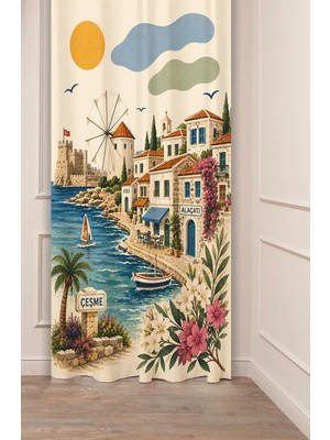 Greendecor Ege Esintili Çeşme Alaçatı Konseptli Taş Evler ve Yel Değirmeni & Ege Sokakları Motifli Estetik Dijital Baskılı Fon Perde