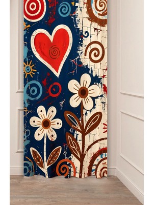 Greendecor Retro Çiçekler ve Kalp Motifli Sanatsal Dijital Baskılı Fon Perde