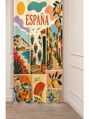 Greendecor España Konseptli Ispanya Temalı Retro Illüstrasyon Fon Perde - Akdeniz Sokakları & Paella Motifli Estetik Dijital Baskılı Perde