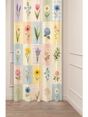 Greendecor Cozy Botanical Herbarium & Pastel Çiçekler Kolaj Field Flowers & Zarif Çiçek Collage Desenli Dijital Baskılı Fon Perde